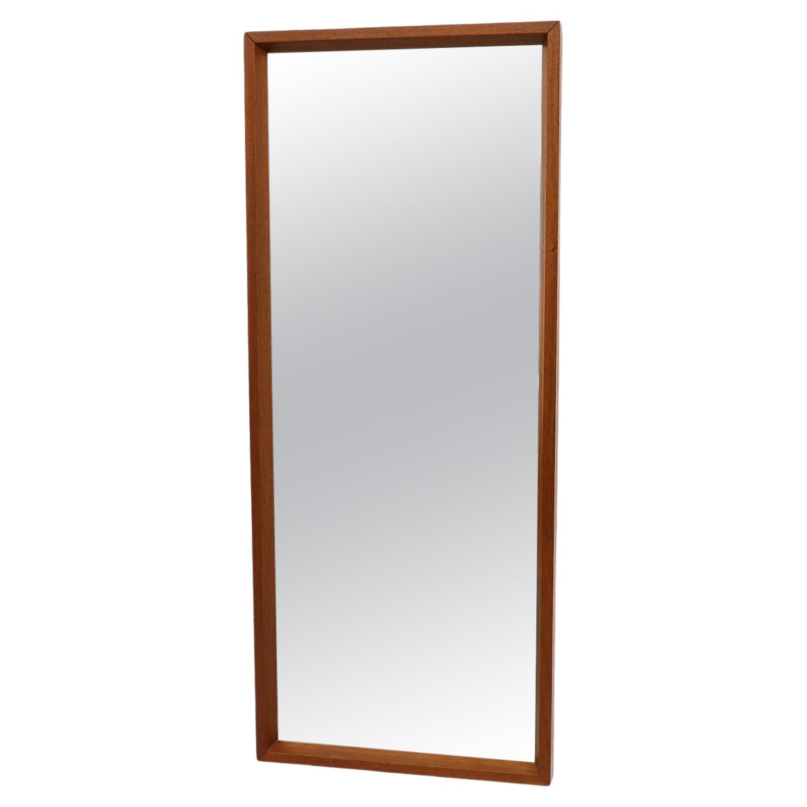 Heavy Tall Mid-Century Danish Wall Mount Mirror with Teak Frame For Sale