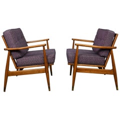 Vintage MCM Arm Lounge Chairs Tapered Legs & Brass Sabots Style Folke Ohlsson for DUX