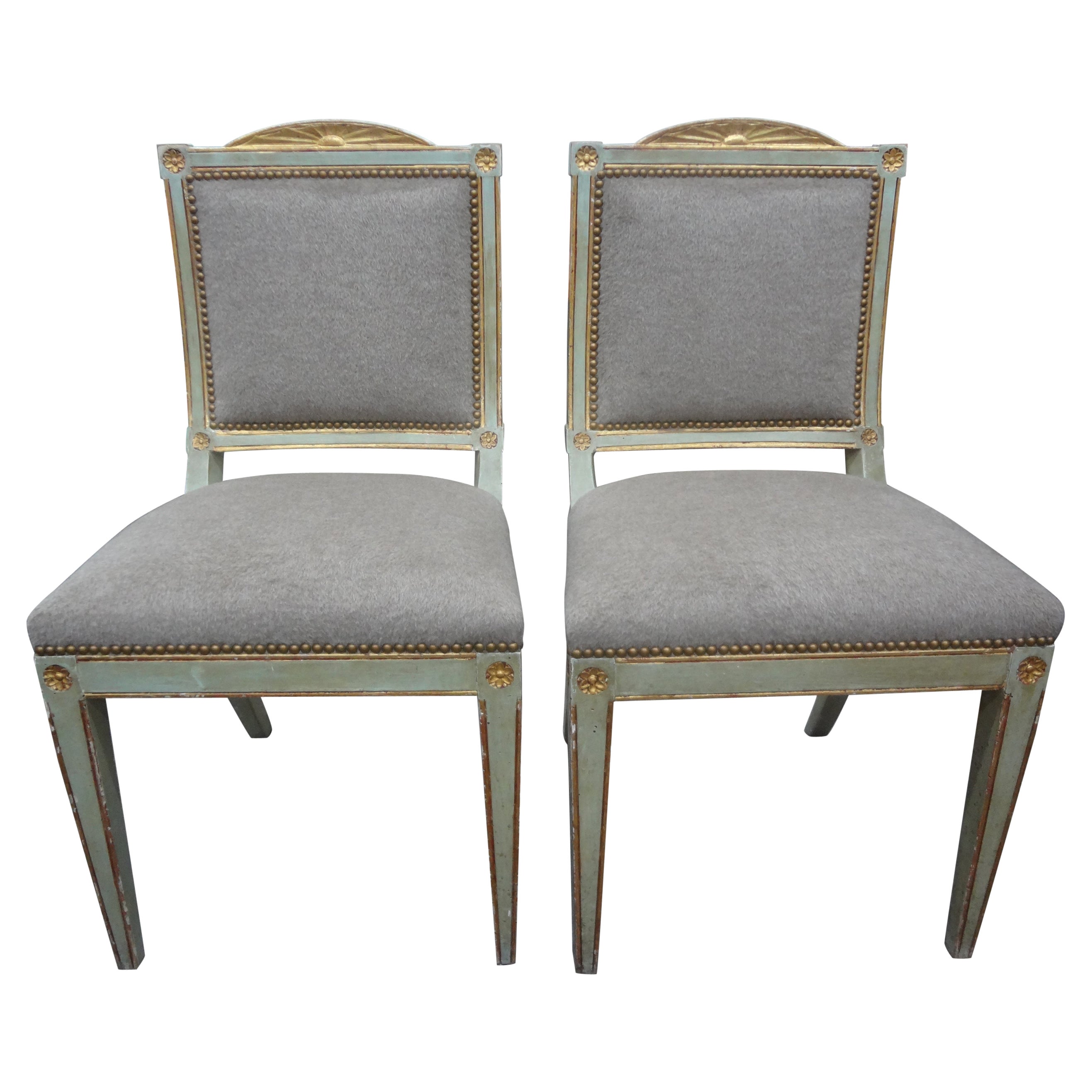 Pair of 18th Century Italian Directoire Painted and Parcel Gilt Chairs