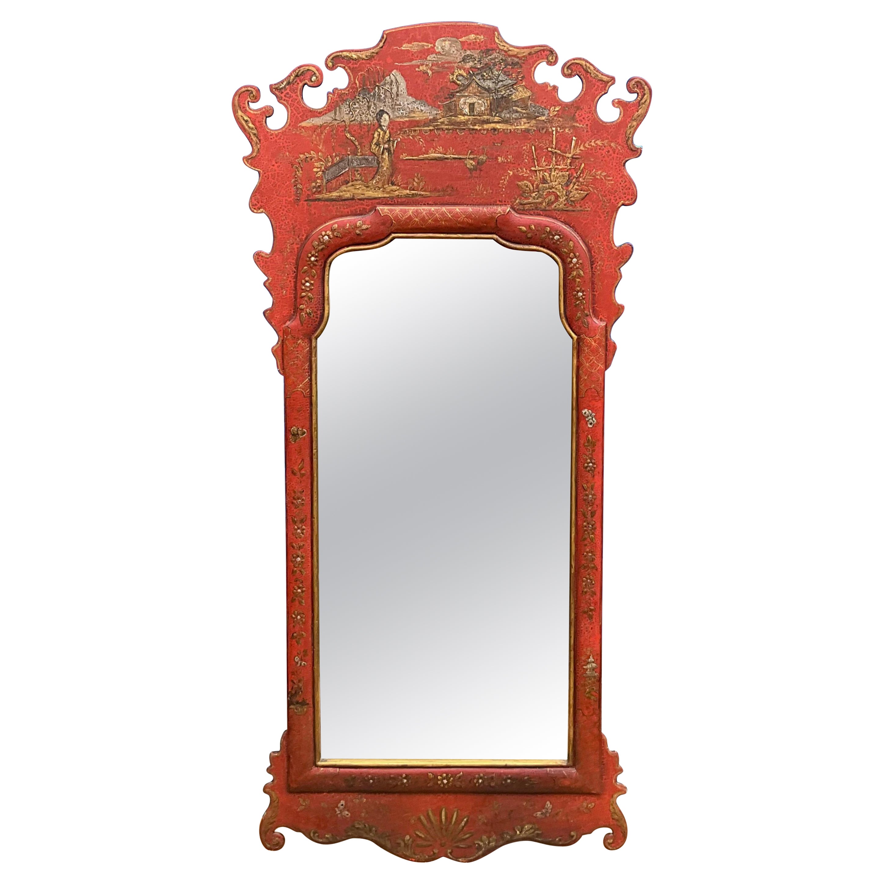 20th Century Georgian Style Hand Painted Chinese Red chinoiserie Mirror For Sale