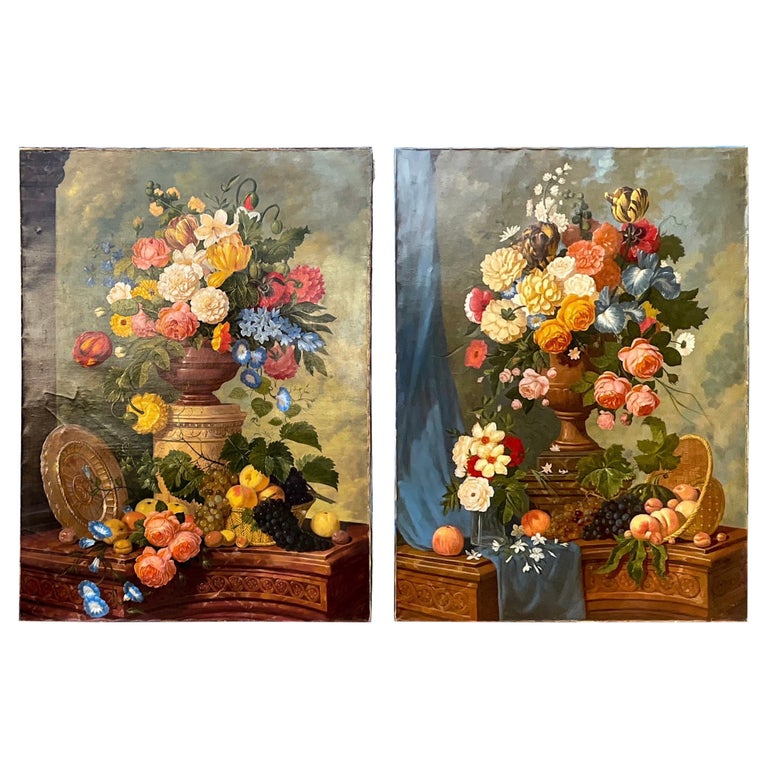 Großformatige französische Stillleben-Ölgemälde des 19. Jahrhunderts mit  Blumendarstellungen - S/2 im Angebot bei 1stDibs