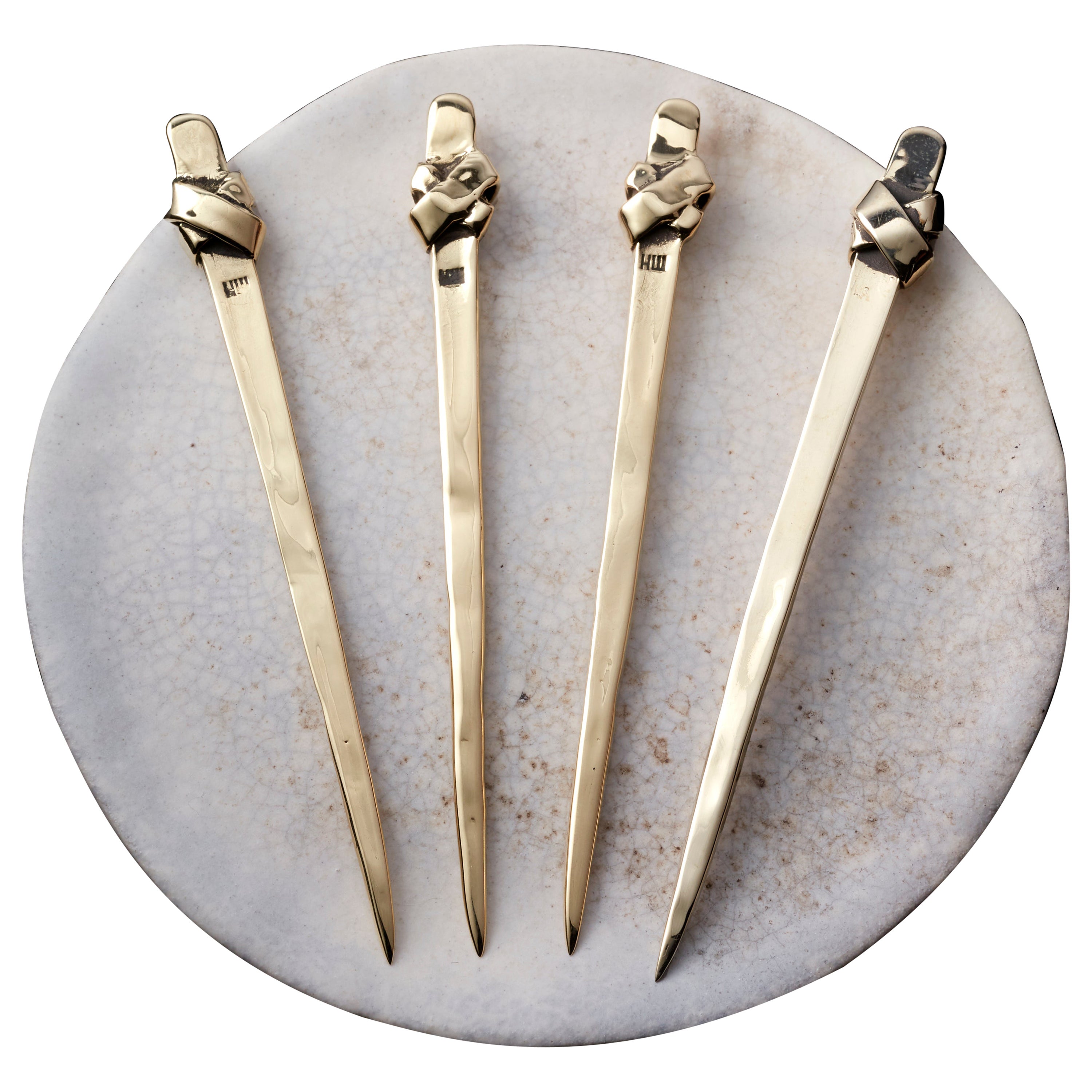 Brass Martini Picks: Four Piece Set of Sculpted and Cast Brass Olive Picks For Sale