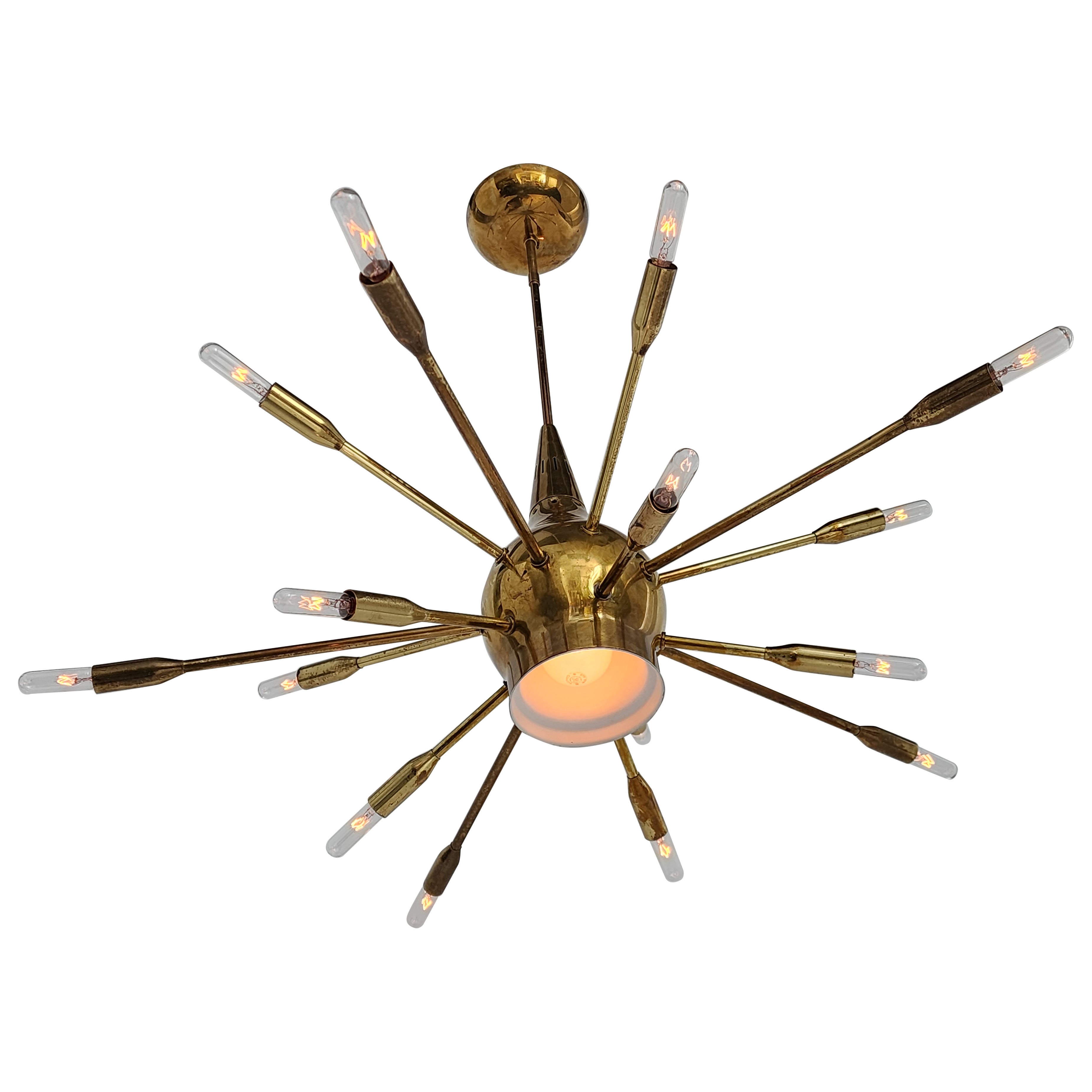 1950s 15 Arm Sputnik Chandelier with Down Light, Italy 