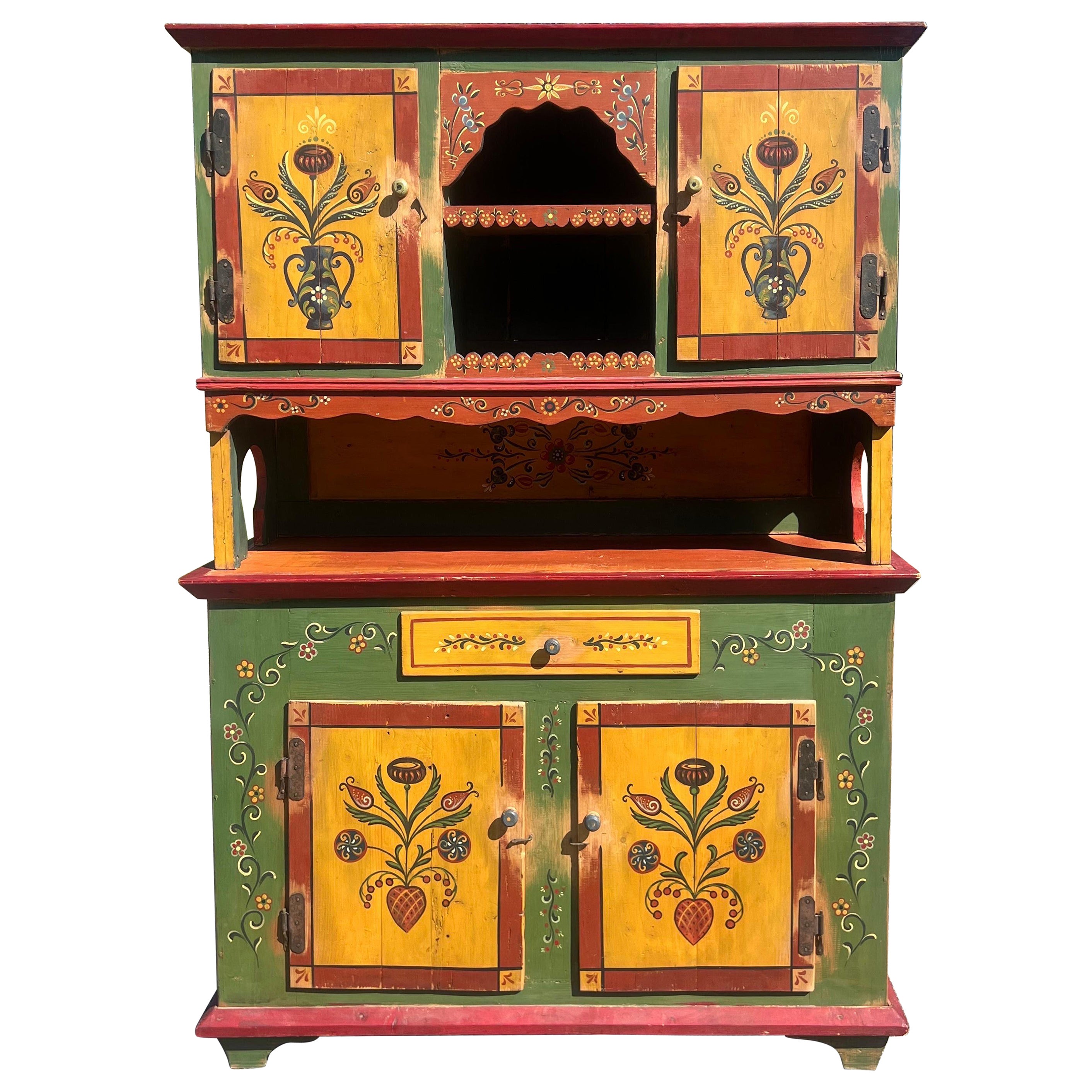 Early 19th Century Swedish Folk Art Painted 2 Piece Step Back Cabinet For Sale