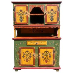 Early 19th Century Swedish Folk Art Painted 2 Piece Step Back Cabinet