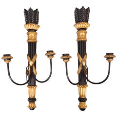 Pair of Mid-20th C. Neoclassical Italian Black & Gold Giltwood Candle Sconces