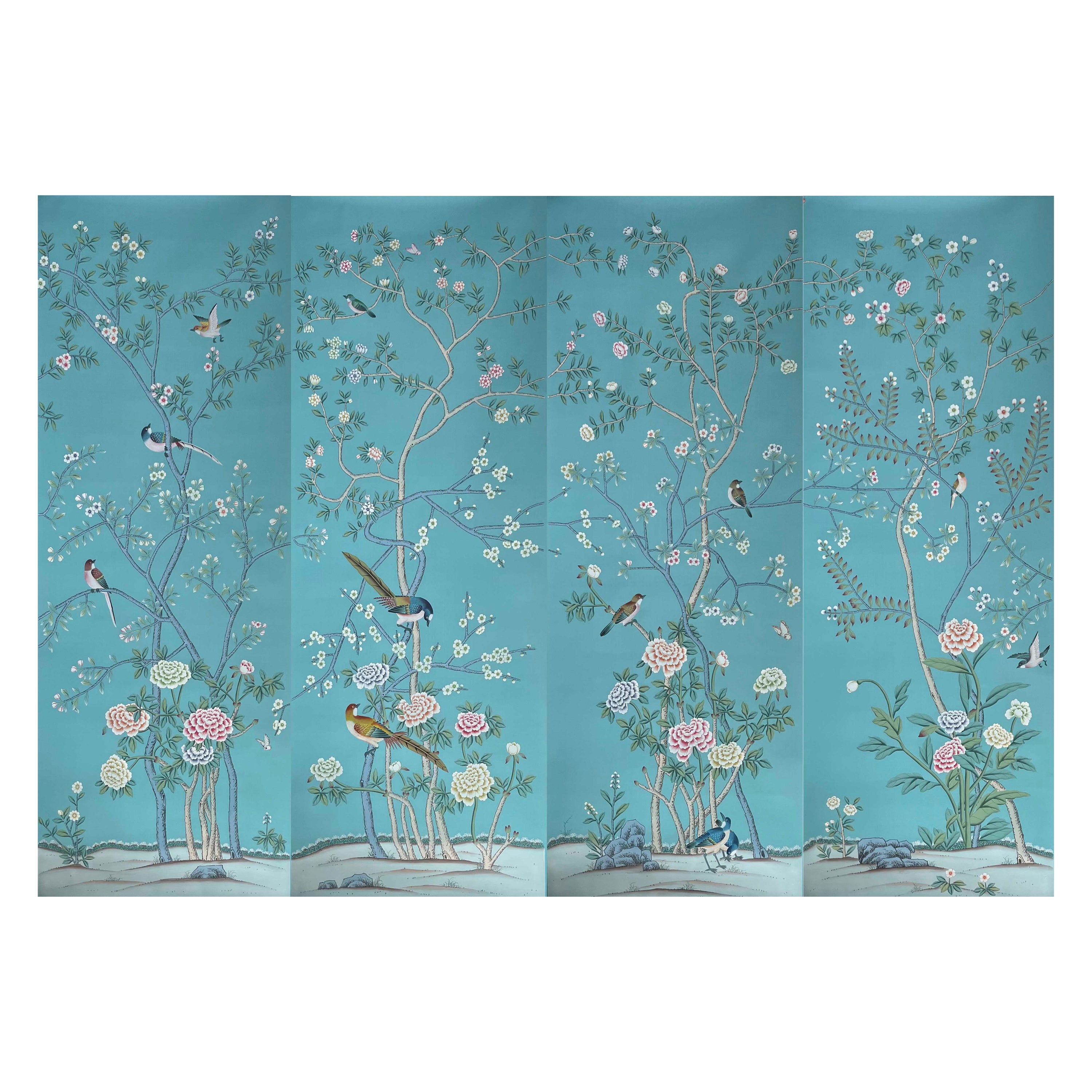 Chinoiserie-Tafeln, handbemalte Wandteppiche auf blauer Seide – 4 Tafeln