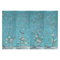 chinoiserie Panels Hand Painted Wallpaper on Blue Silk / Panel, 4 Panels