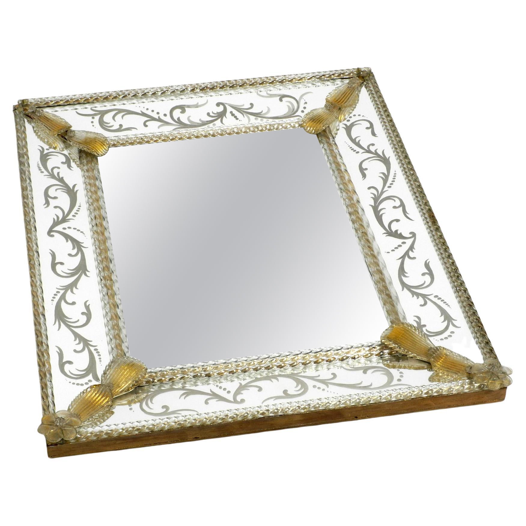 Italian Midcentury Wall Mirror with Murano Glass Frame by Barovier & Toso For Sale