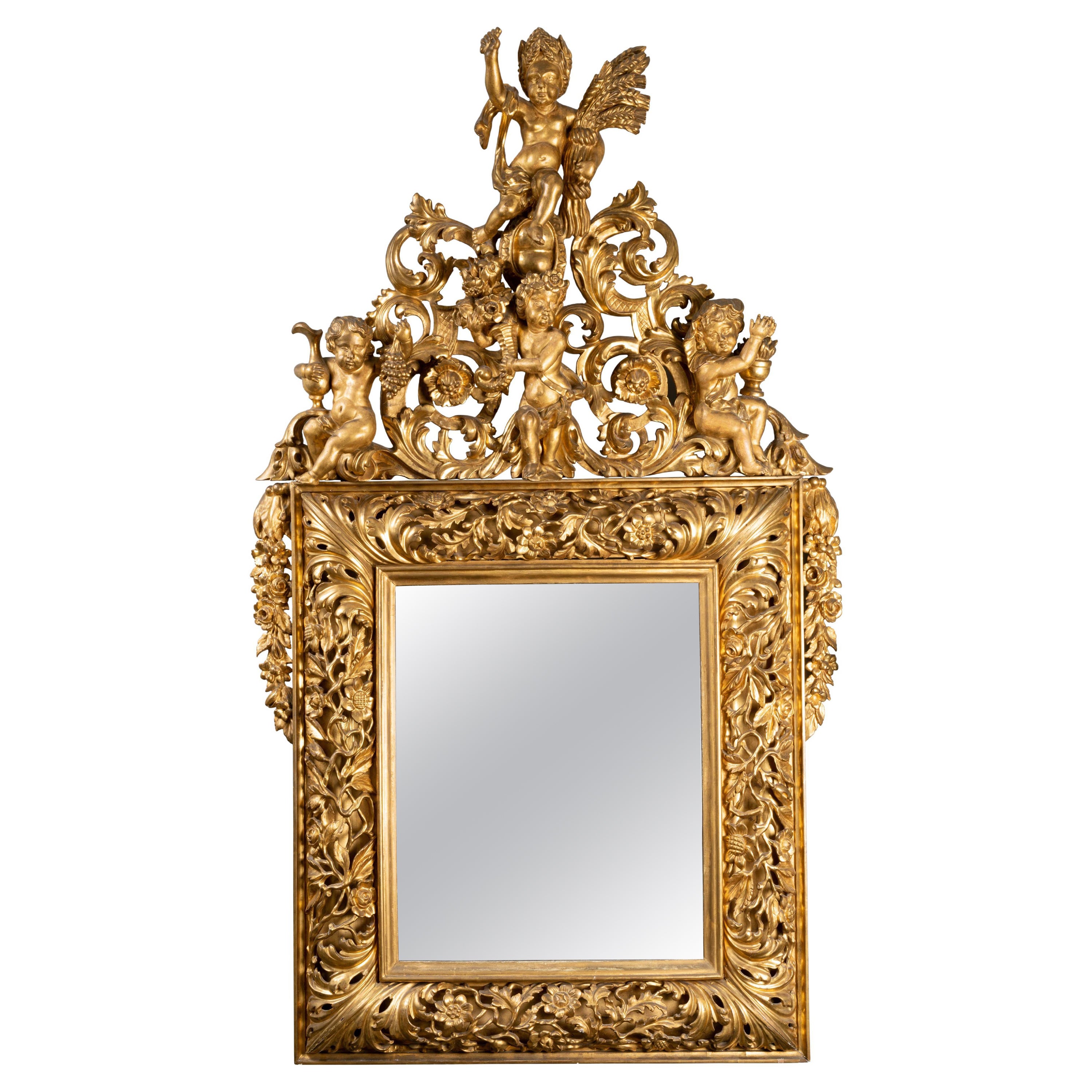 Italienischer geschnitzter Giltwood-Spiegel des frühen 18. Jahrhunderts mit Darstellung der vier Jahreszeiten