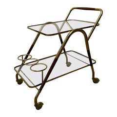 Italian Bar Cart with Bottle Holders in Brass and Wood by Cesare Lacca, 1950s
