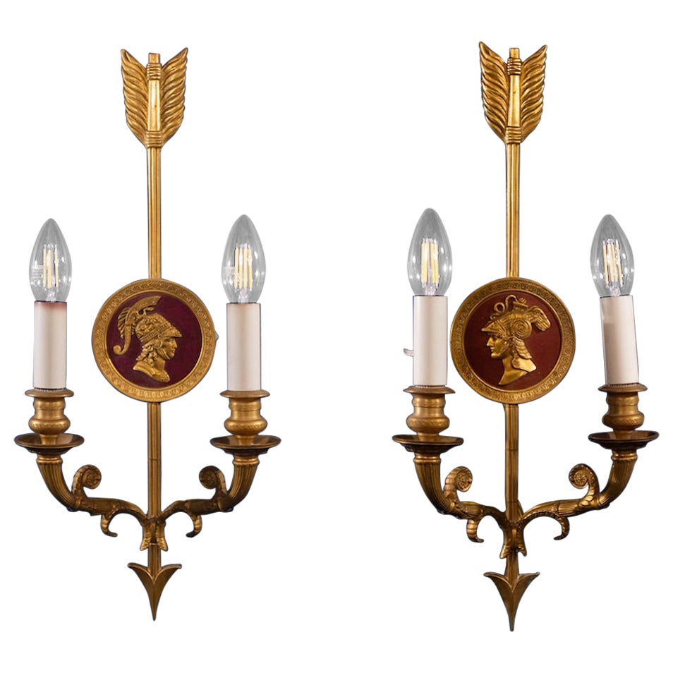 Pair of Bronze Two-Light Neoclassical Wall Sconces, 19th Century For Sale