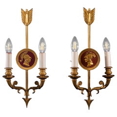 Antique Pair of Bronze Two-Light Neoclassical Wall Sconces, 19th Century