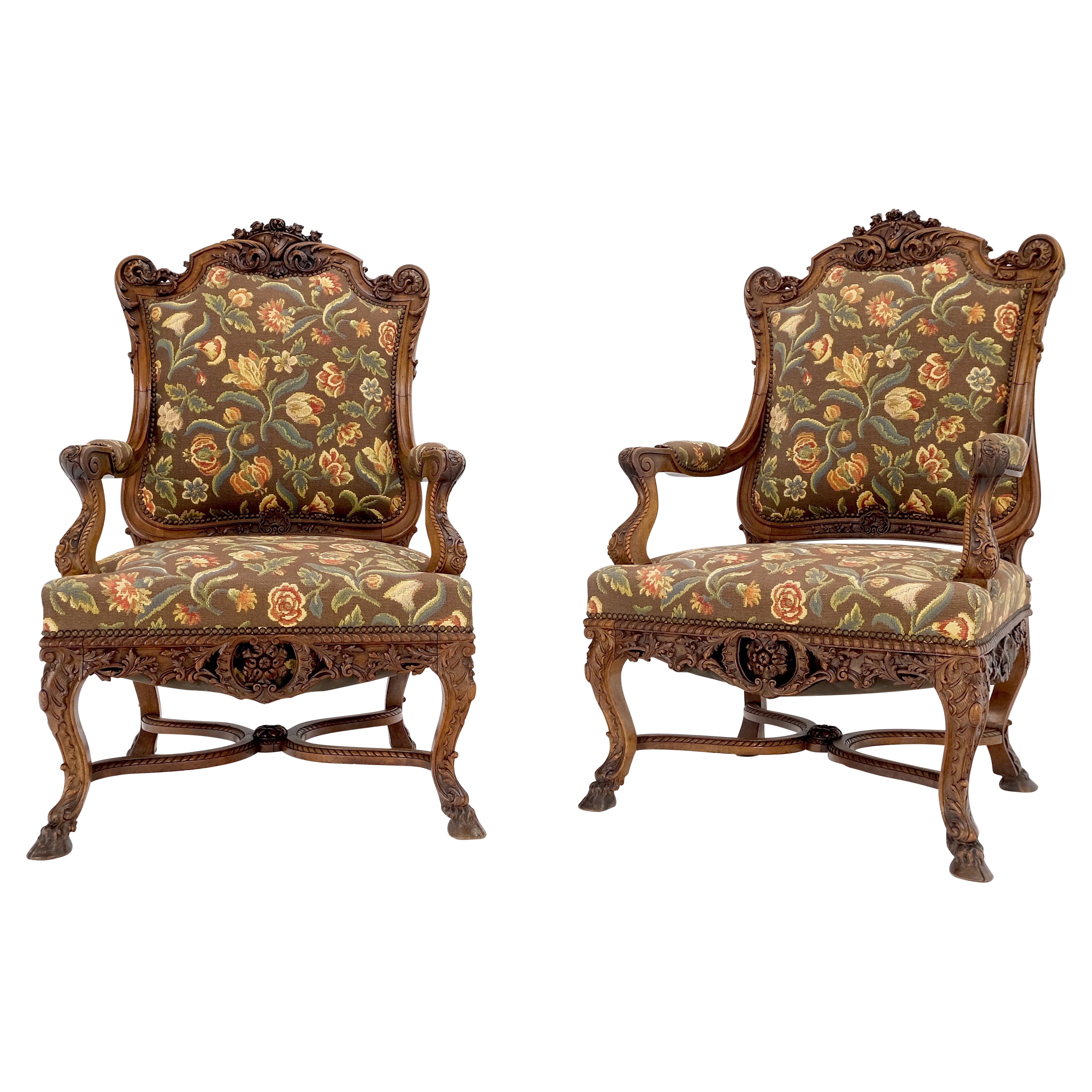 Pair Large Carved Oak Hoof Feet Needle Point Upholstery Arm Chairs Thrones Mint! For Sale