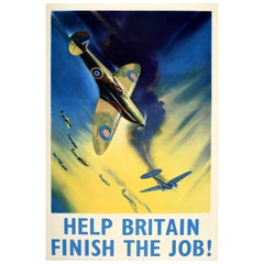 Original Vintage War Poster Help Britain Finish The Job Spitfire Wootton WWII