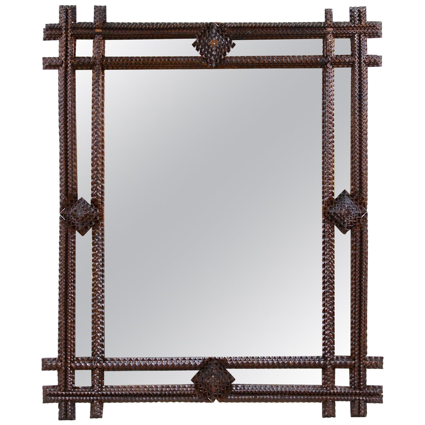 Rustic Tramp Art Wall Mirror with, Hand Carved, Austria, circa 1880 For Sale