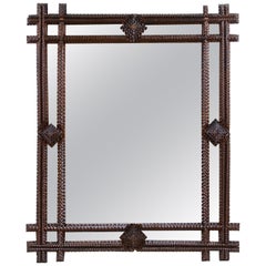 Antique Rustic Tramp Art Wall Mirror with, Hand Carved, Austria, circa 1880