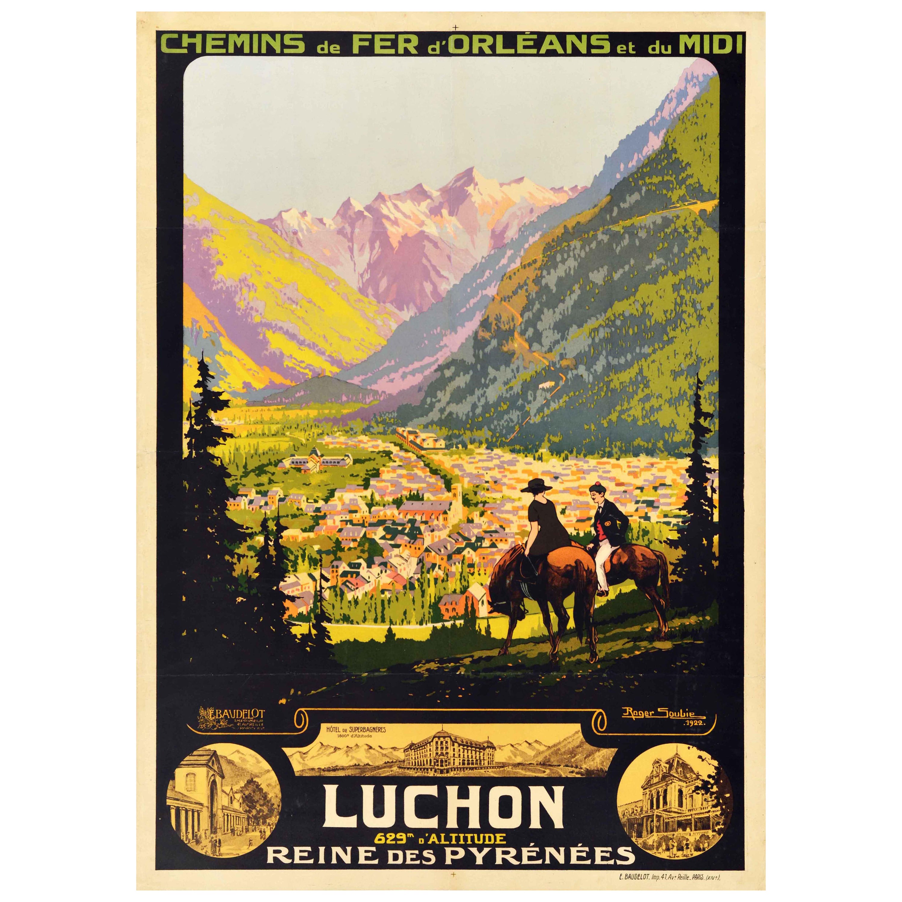 Affiche de voyage d'origine ancienne Luchon Pyrenees Orleans Midi Railways Soubie Art en vente