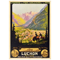 Affiche de voyage d'origine ancienne Luchon Pyrenees Orleans Midi Railways Soubie Art
