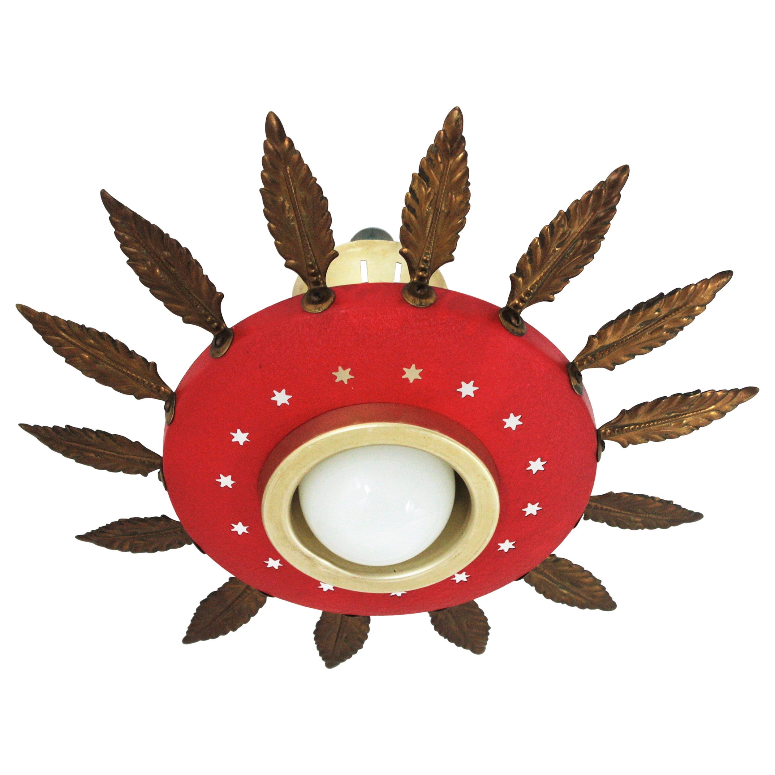 Italian 1950s Sunburst Flush Mount Pendant Light, Red Metal and Brass For Sale