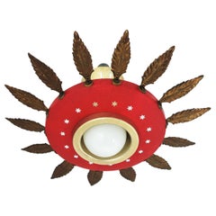 Retro Italian 1950s Sunburst Flush Mount Pendant Light, Red Metal and Brass