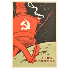 Original Vintage Soviet Propaganda Poster Walking On The Moon Lunokhod USSR