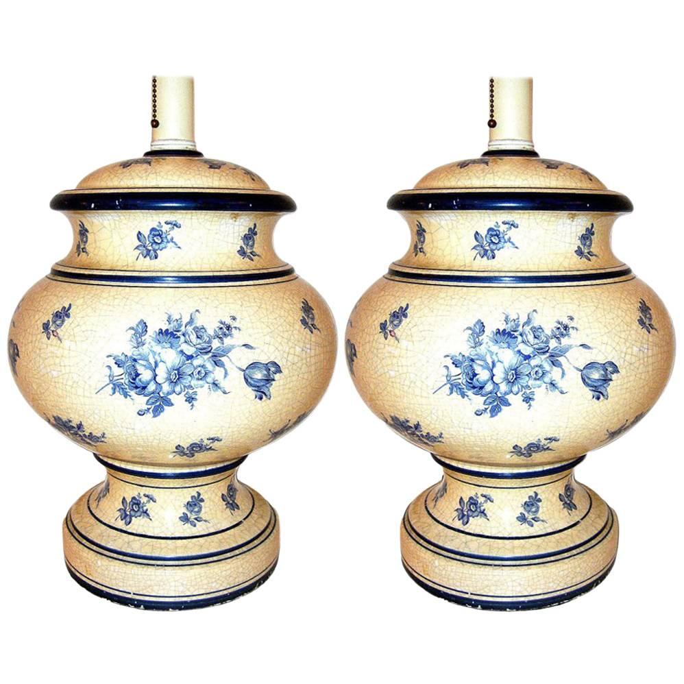 White and Blue Porcelain Lamps For Sale