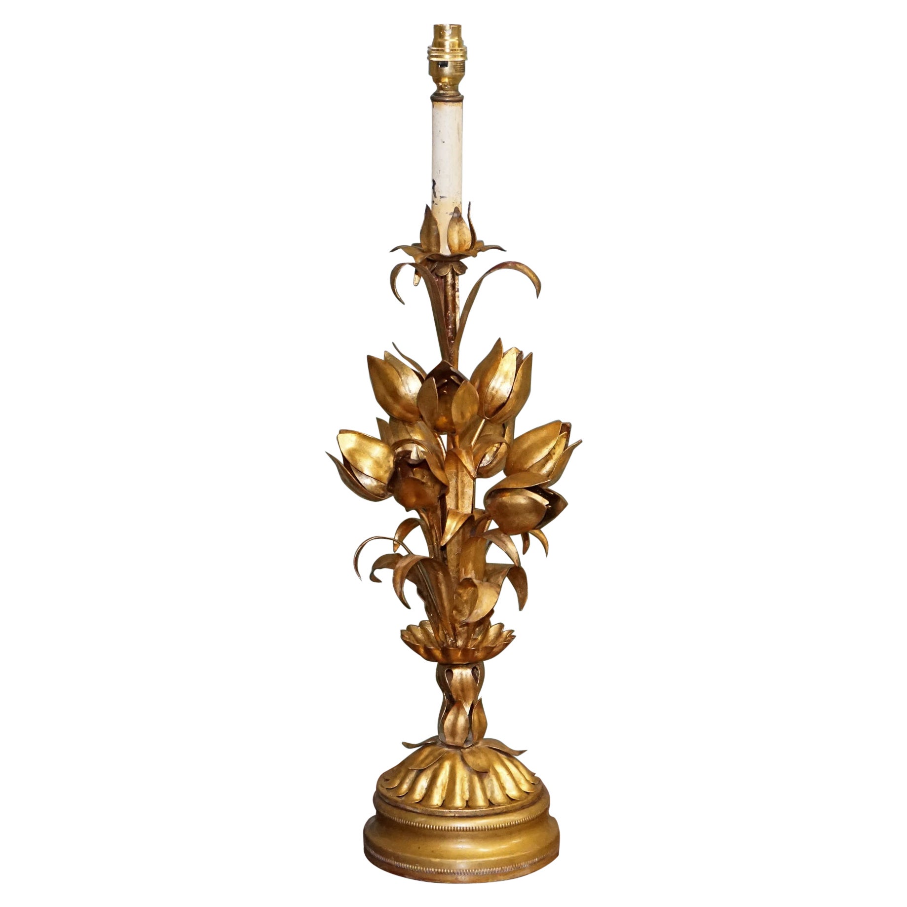 Italian Hollywood Regency Gold Tone with Tulip & Lotus Flower Design Table Lamp For Sale
