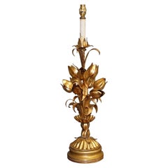 Italian Hollywood Regency Gold Tone with Tulip & Lotus Flower Design Table Lamp