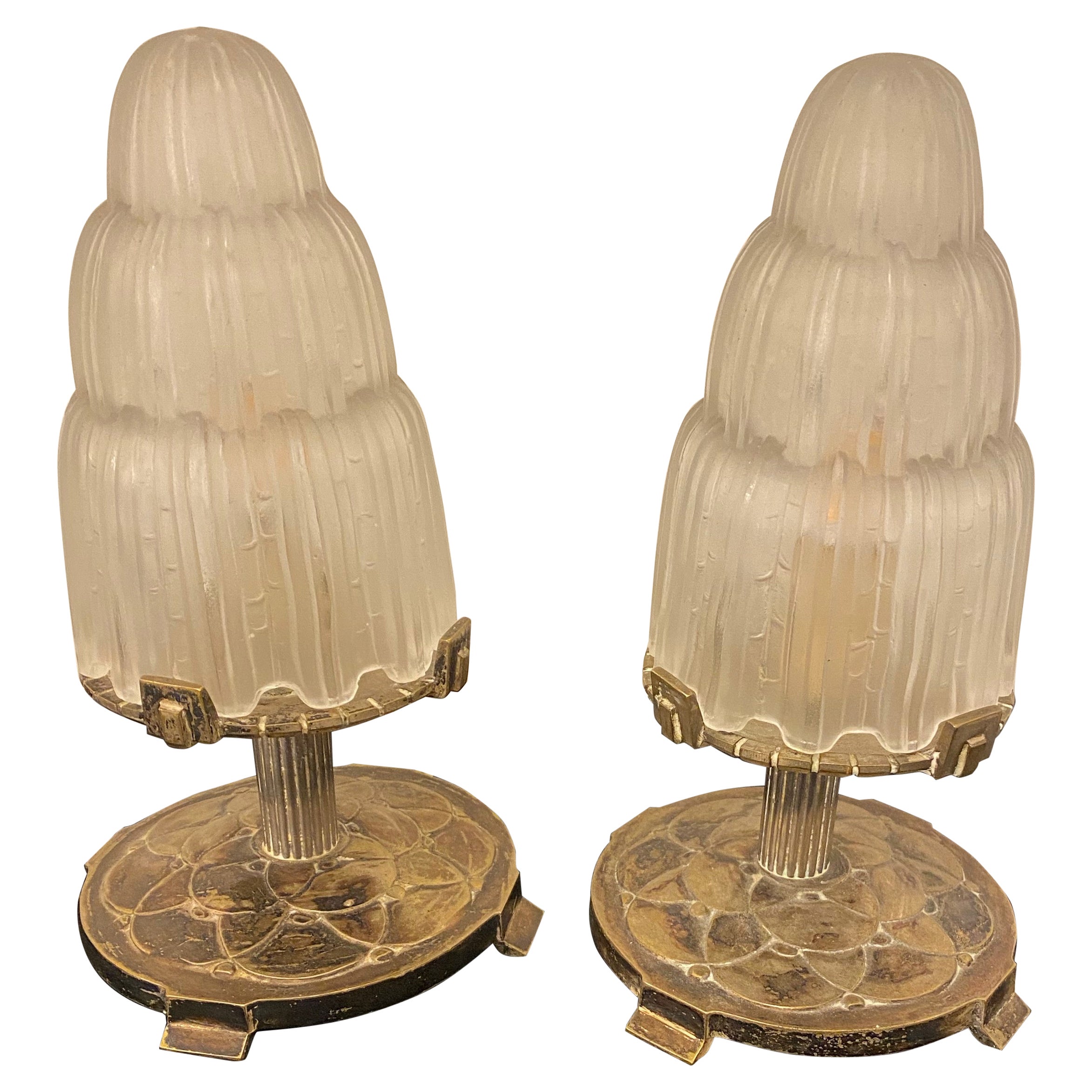 Pair of French Art Deco "Waterfall" Table Lamps Signed by Sabino For Sale