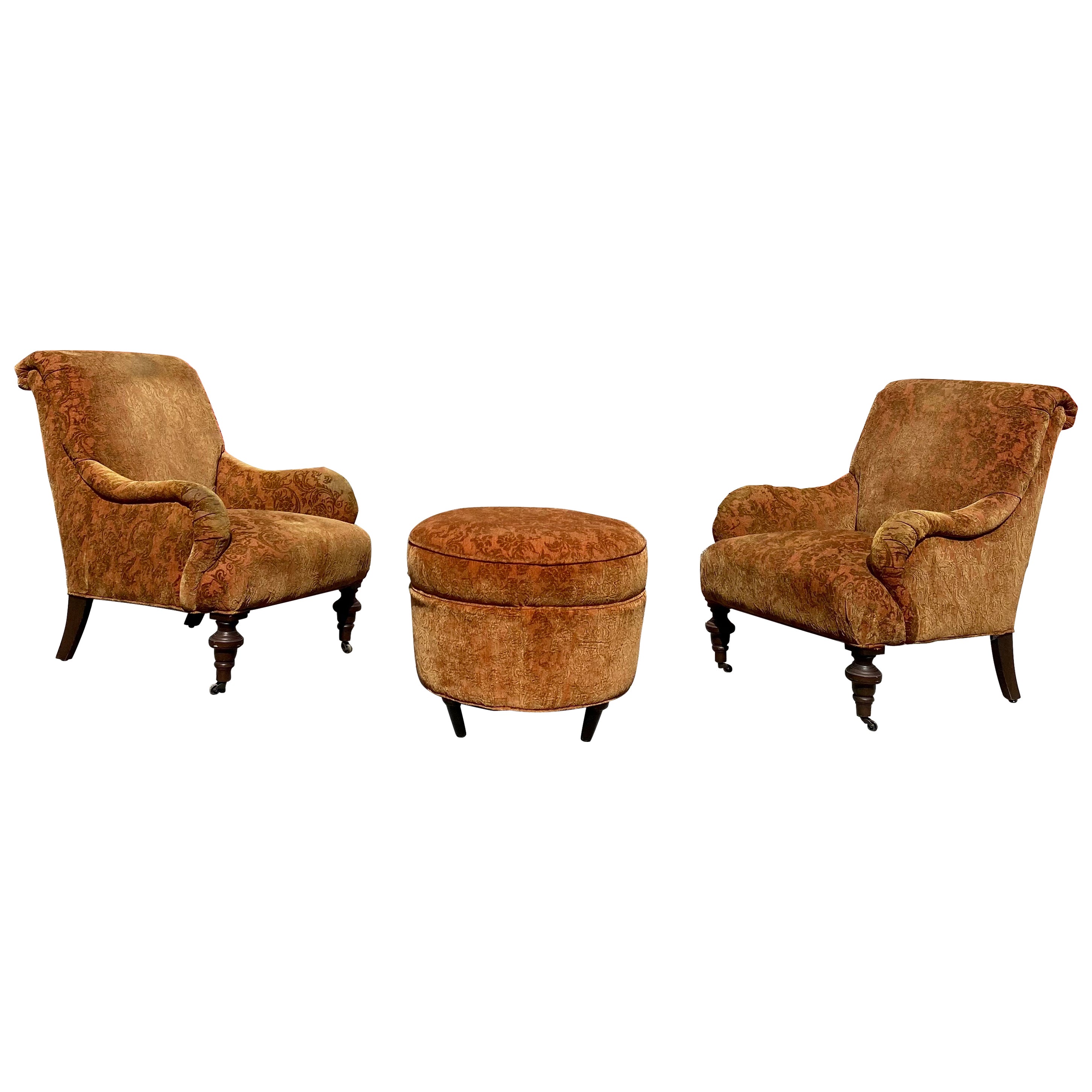 Attributed to George Smith Damask Velvet Castors Armchairs & Ottoman, Set of 2 For Sale