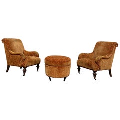 Vintage Attributed to George Smith Damask Velvet Castors Armchairs & Ottoman, Set of 2