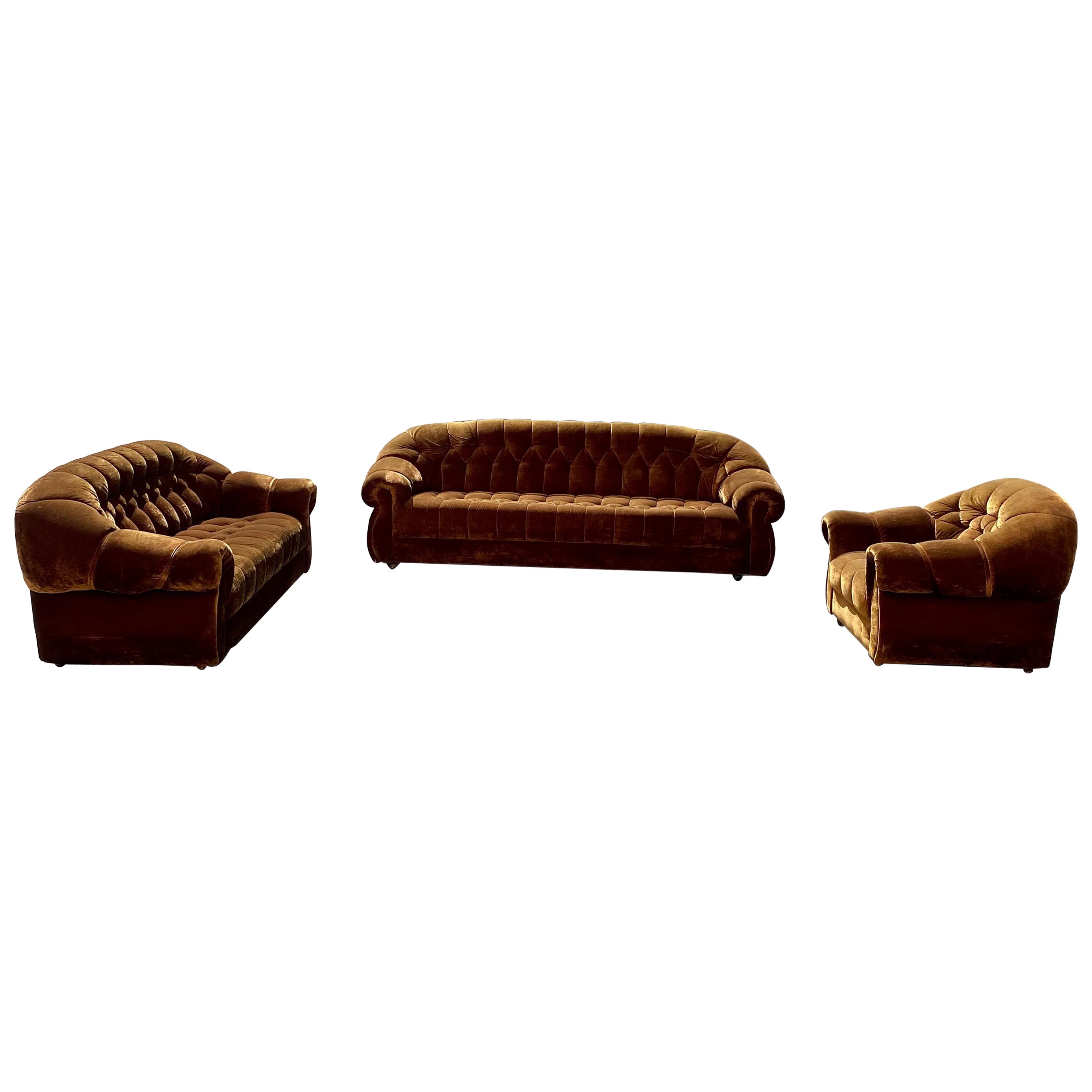 1960s Chesterfield Tufted Silk Velvet Sofa Loveseat Chair on Castors, Set of 3 For Sale