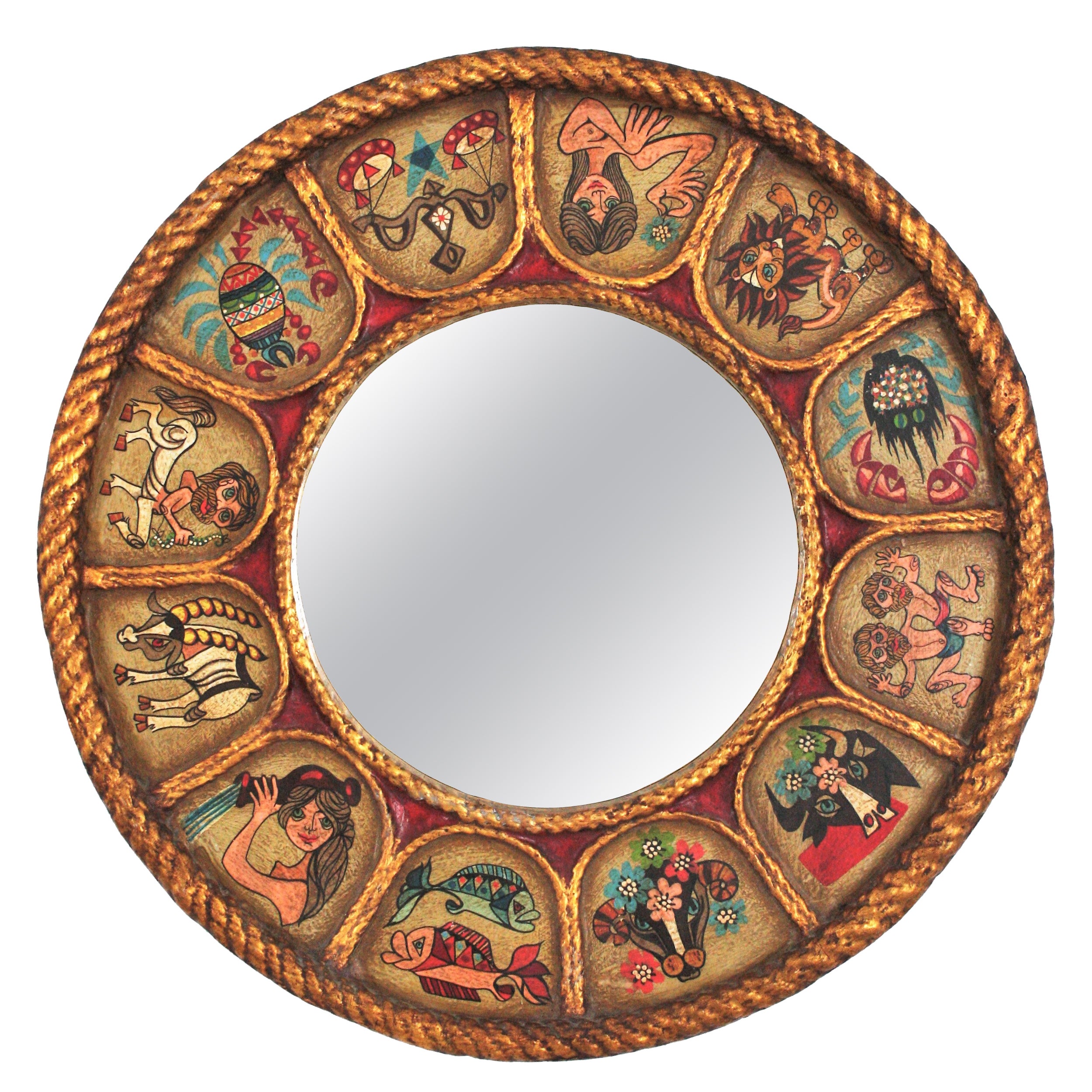 Spanish Zodiac Round Mirror in Gilt Polychrome Wood, 1950s For Sale