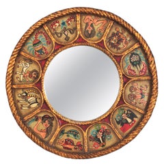 Vintage Spanish Zodiac Round Mirror in Gilt Polychrome Wood, 1950s