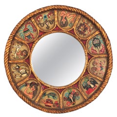 Miroir rond Zodiac espagnol en bois polychrome doré, années 1950