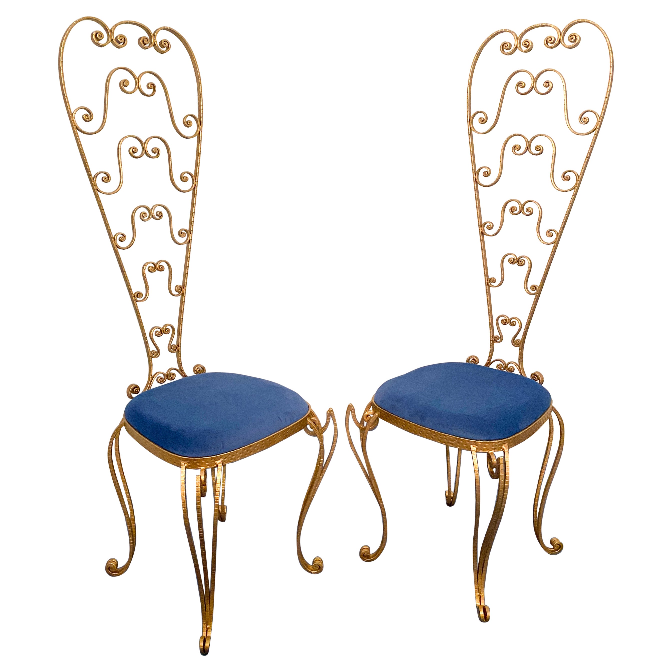Pair of Italian Mid-Century Modern Luigi Colli Gold Iron Vanity Chairs, 1950s