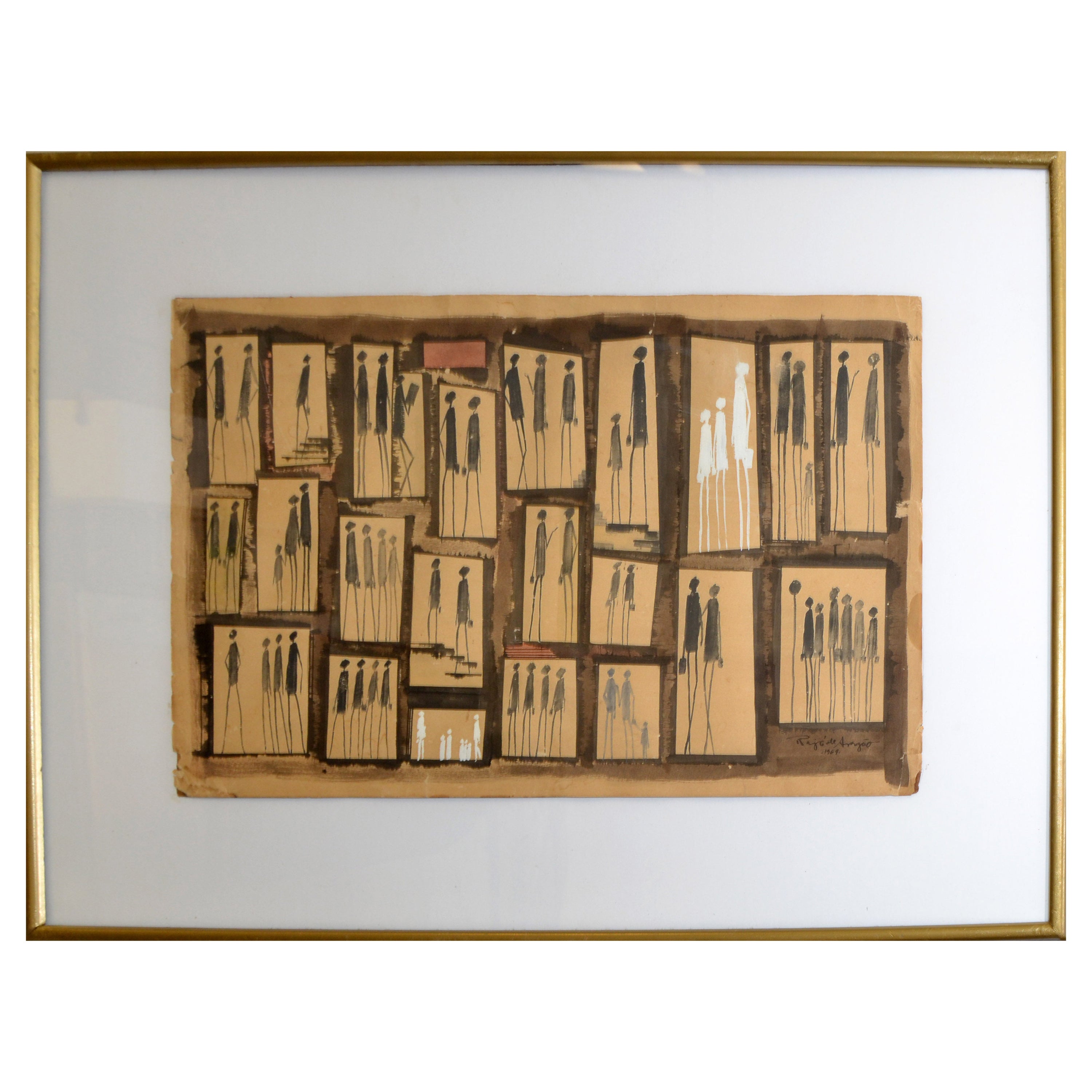 1969 Aragão Abstract Black & White Watercolor on Board Gilt Frame Stick Figures For Sale