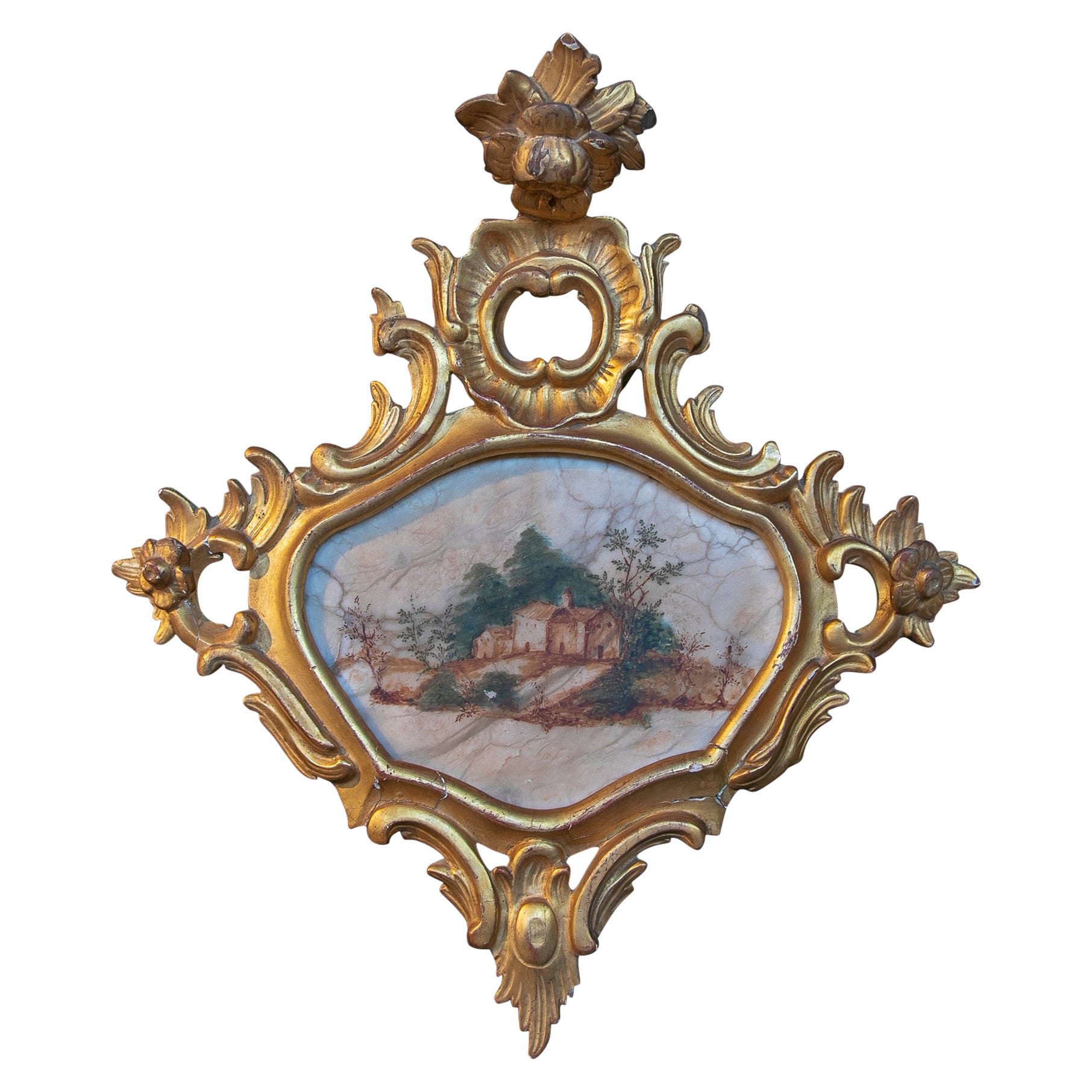 Peinture de paysage italienne du 18ème siècle peinte à la main sur albâtre et encadrée
