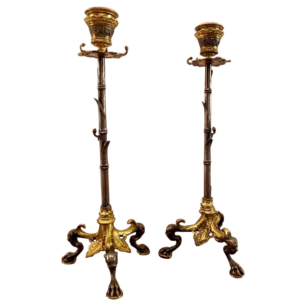 Magnificent Pair of Double Patina Bronze Candlesticks Signed Barbedienne 19th C. For Sale