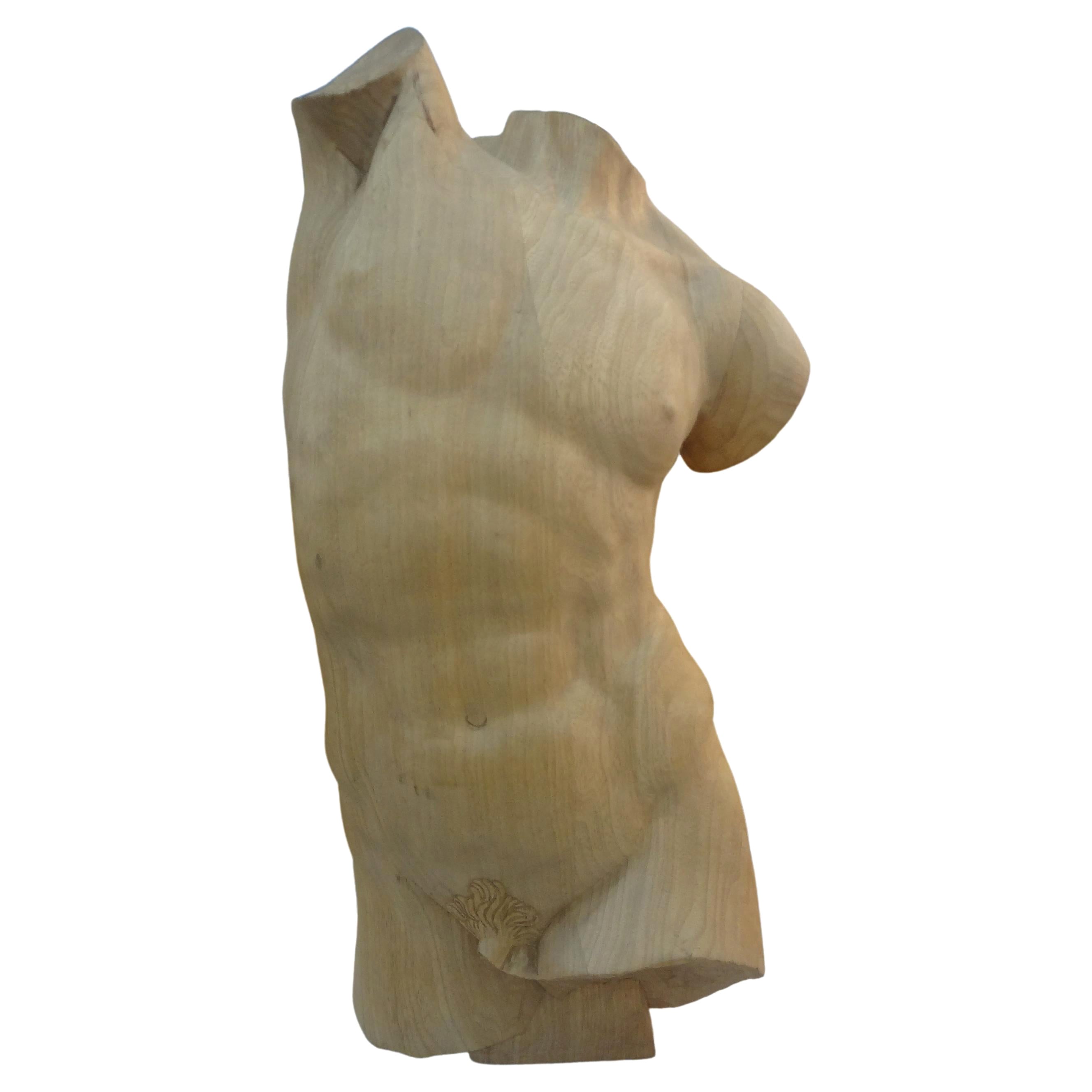 Italian Modern Carved Wood Male Torso For Sale