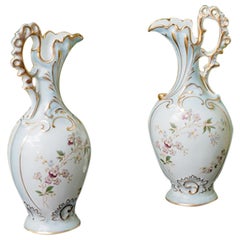 Vintage Pair of Rocaille Style Ewers, Polychrome and Gilded Porcelain, A.Giraud Limoge