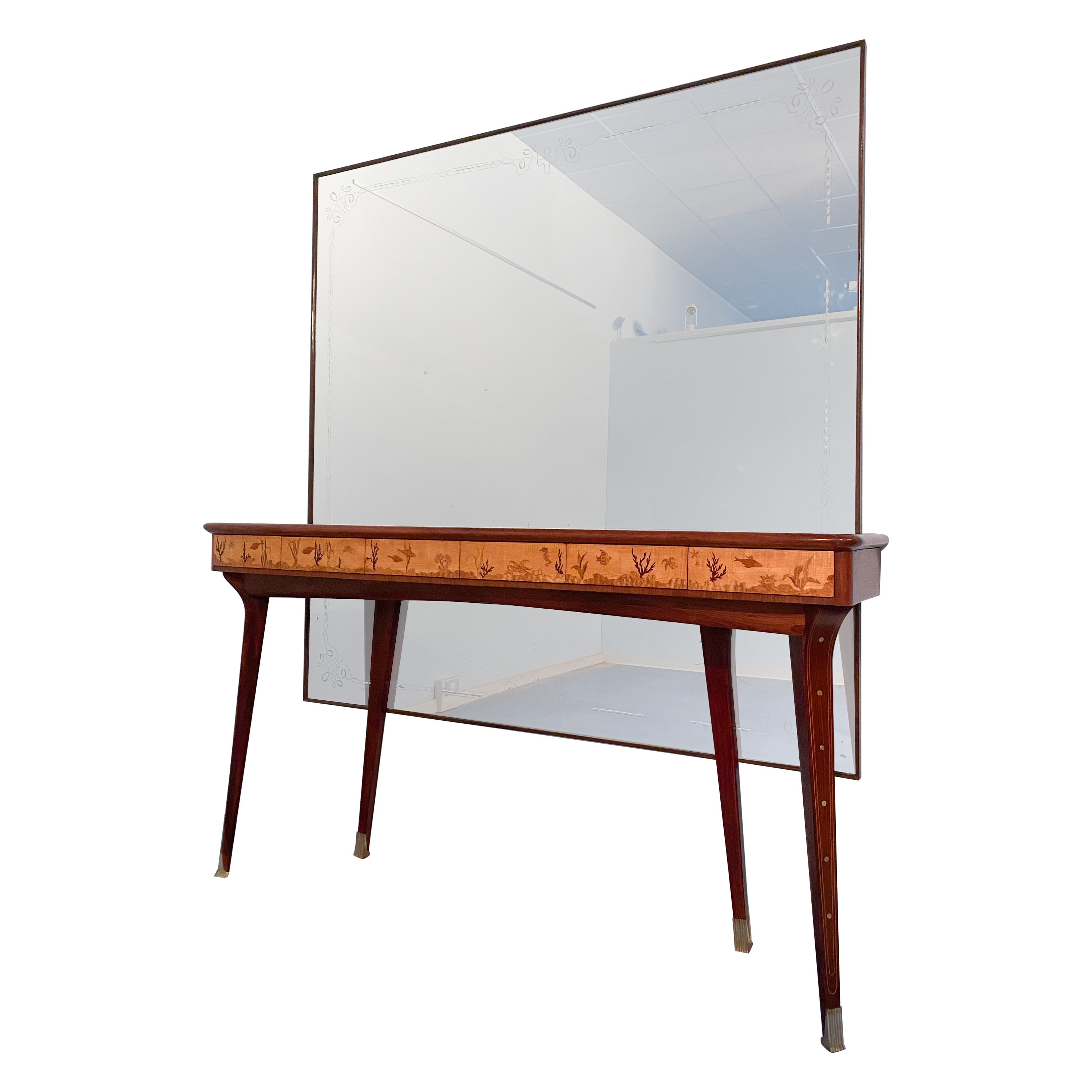 Italian Midcentury Inlaid Console with Mirror by Andrea Gusmai, 1950s For Sale