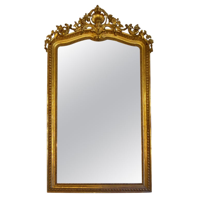 French Antique giltwood Gesso over Mantel Mirror Floral Shell Flowers