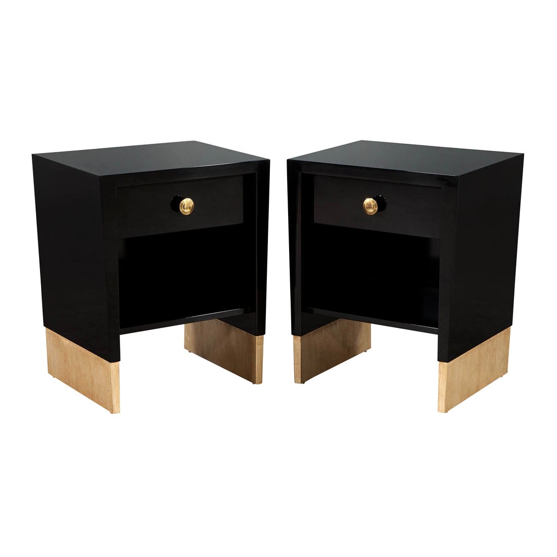 Pair of Custom Black Lacquered Nightstand End Tables