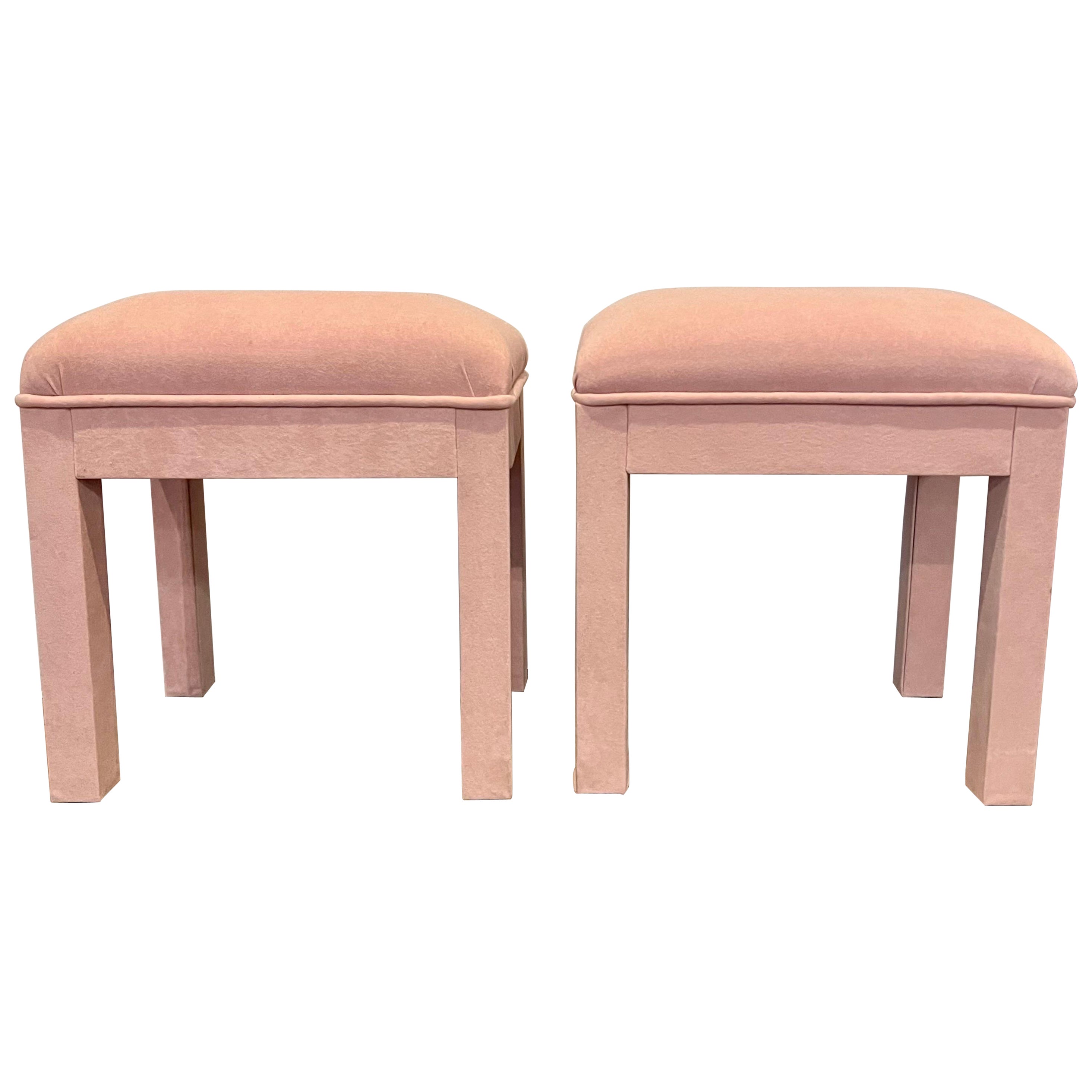 Pair of Vintage Midcentury Small Pink Upholstered Parsons Stools