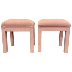 Pair of Vintage Midcentury Small Pink Upholstered Parsons Stools