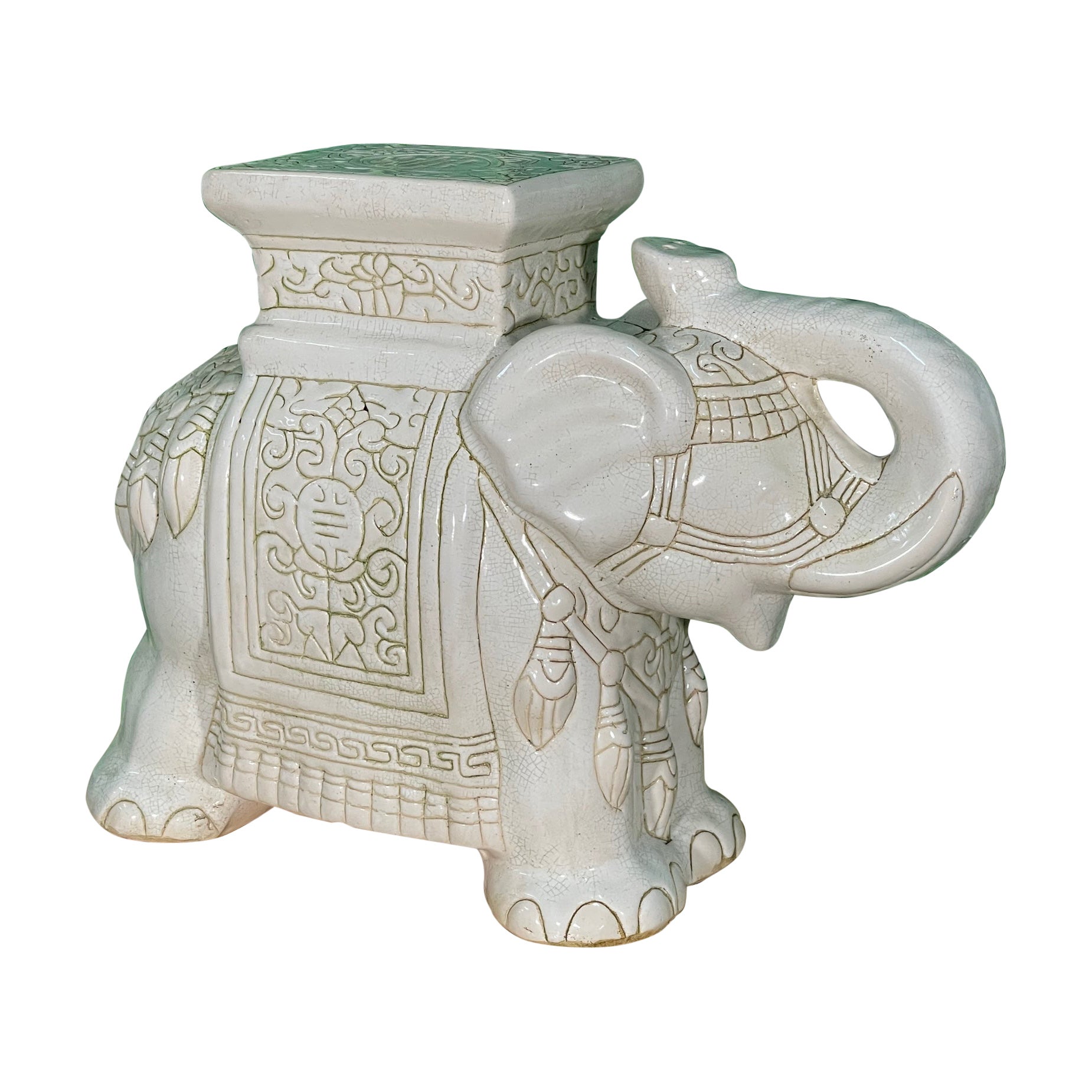 Ceramic Chinoiserie Elephant Garden Stool with Trunk Up For Sale