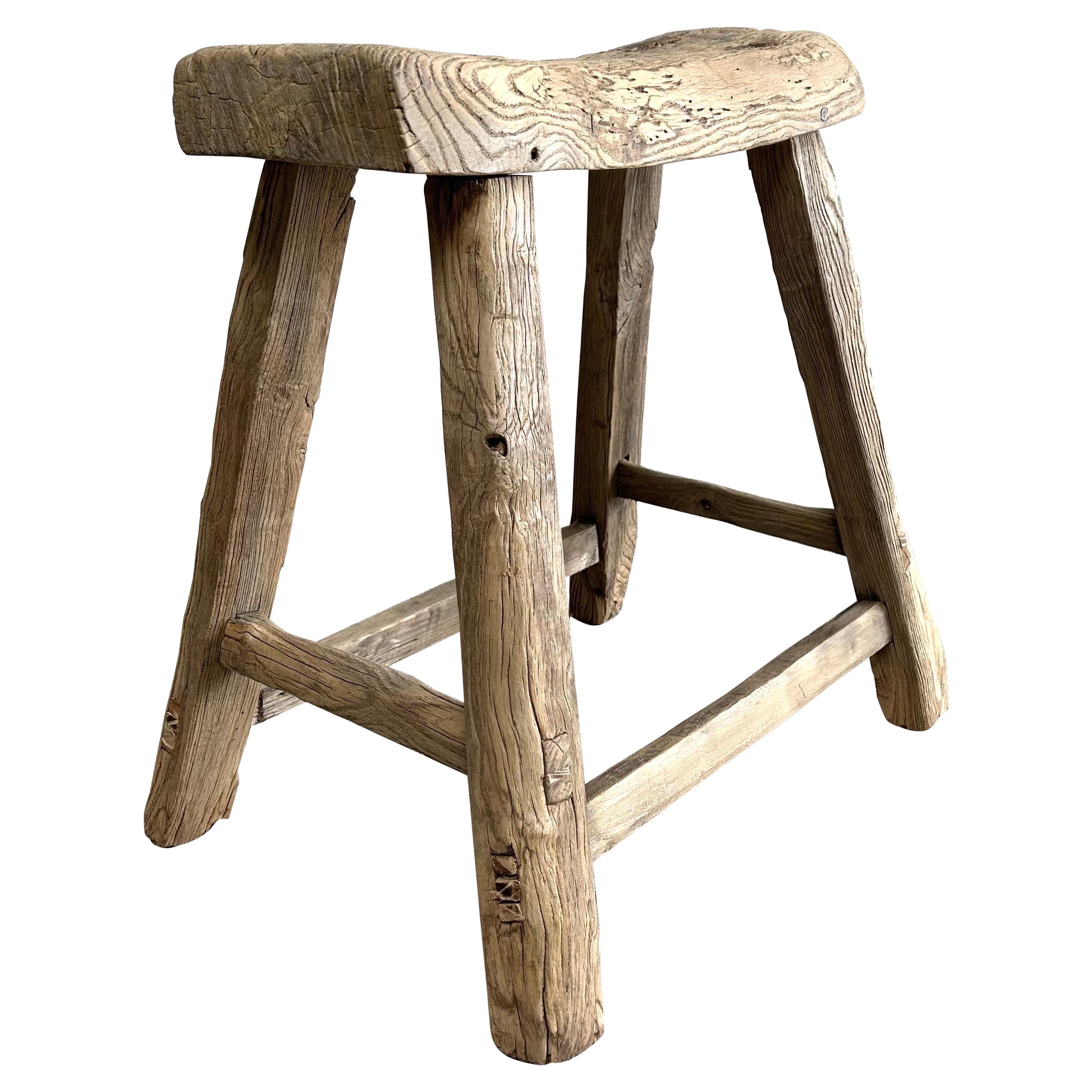 Rustic Style Elm Wood Stool with Curved Seat  For Sale
