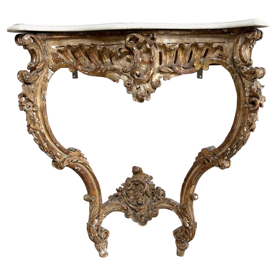 Antique Gilt Wood Carved Wall Console with Marble Top For Sale
